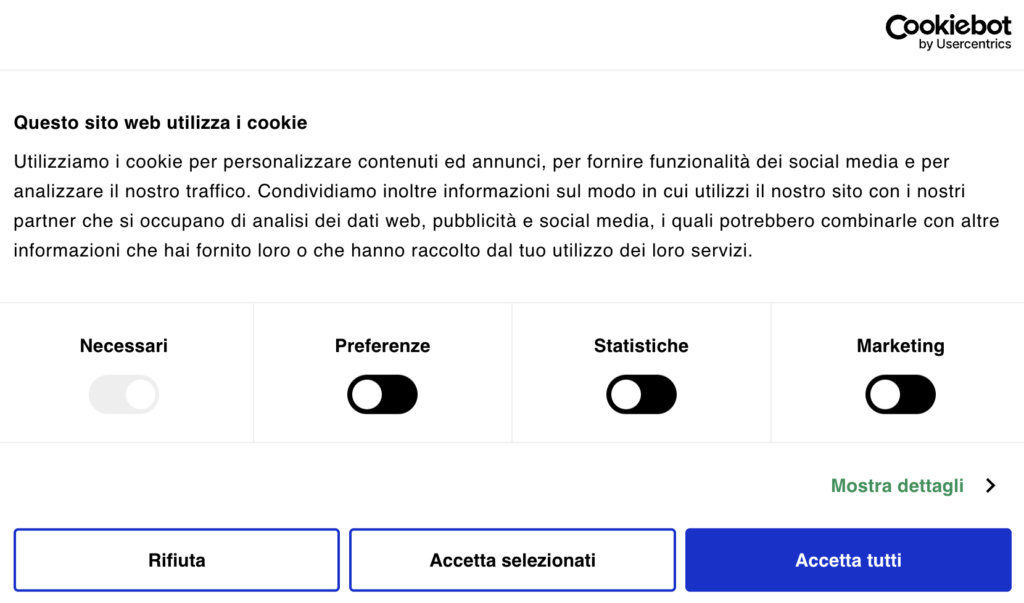Esempio disclaimer cookiebot per la gestione dei cookie